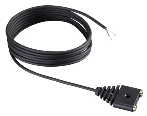 Schwarzes Kabel mit zweipoligem Stecker und freiliegenden Drähten, typischerweise verwendet für Feuchtesensoren wie die von Oventrop.